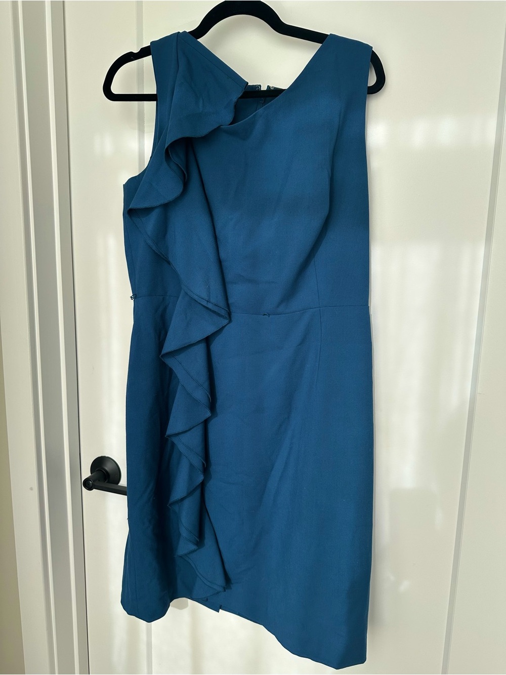 Calvin Klein Teal Blue Ruffle Sheath Dress Size 14 Asymmetrical Sleeveless